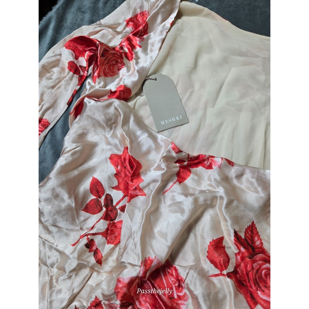 Meshki Women Dress Large Davina Satin Long Sleeve Mini Rose Print Ivory Red - Picture 2 of 12